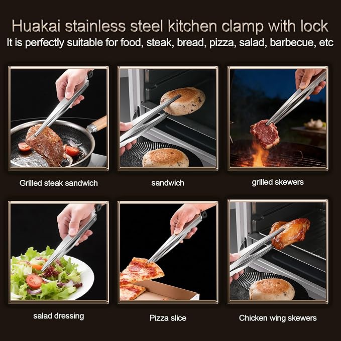 12-inch Locking Stainless Steel Kitchen Tongs | multi-function Grill Tongs, Heat-Resistant up to 600°C, Precision Serrated Tip Design, For Steaks, Bread, Pizza, Salads