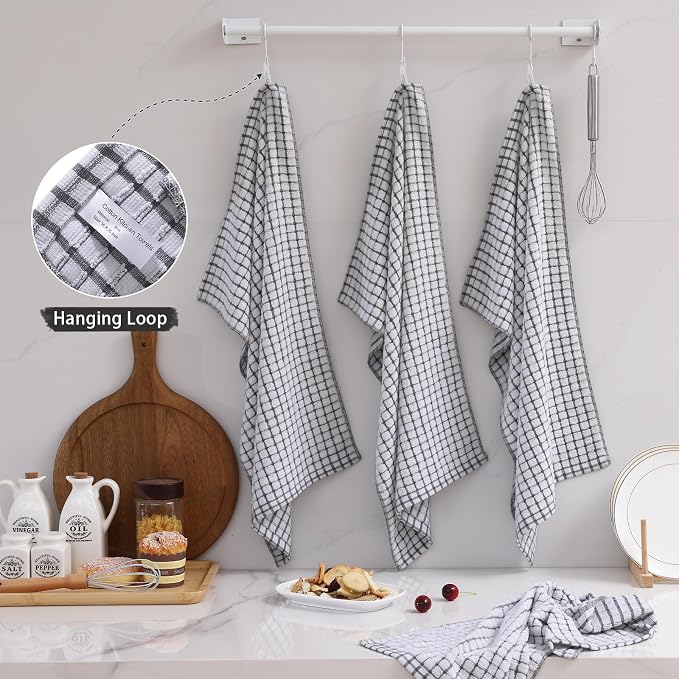 Mordimy Premium Cotton Kitchen Towels 16"x 25", Grey Check Design, 8 Pack | Super Absorbent Terry Kitchen Hand Towels, Large Natural Ring Spun 360 GSM Dish Towels, Soft Tea Towels with Hanging Loop