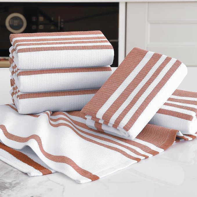 Homaxy Premium Cotton Stripe Kitchen Towels 6 Pack, 18"x 28", Rust | Large 380 GSM Kitchen Hand Towels, Soft Terry Dish Towels, Highly Absorbent Tea Towel Set with Hanging Loop
