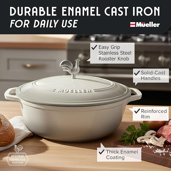 MUELLER HOME 5.5 Quart Enameled Cast Iron Oval Dutch Oven with Rooster Knob & Cotton Potholders, Heavy-Duty Cookware, Oven-Safe up to 500° F & Across All Cooktops, Gifts for Grandma & Women, White | Rooster Knob, Cotton Potholders Included, Oven-Safe u...