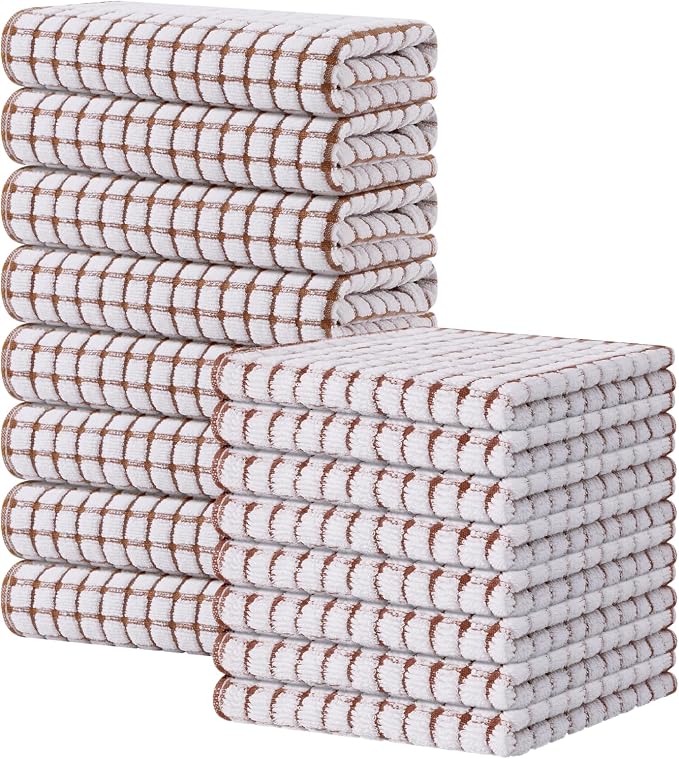 Kitinjoy Cotton 16 Pack Kitchen Towels and Dishcloths Sets, Brown | 16 x 25 Inch & 12 X 12 Inch Dish Towels Bulk, Super Soft and Absorbent hand towels for kitchen Drying