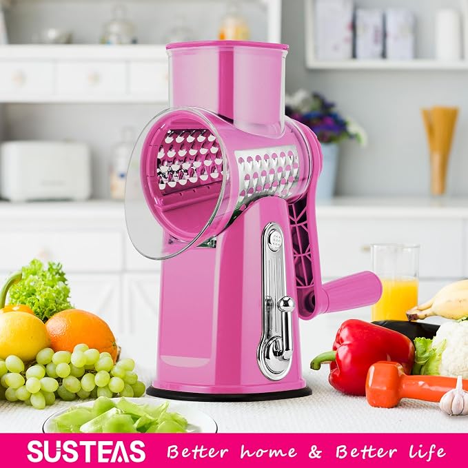 SUSTEAS Rotary Cheese Grater 5 Blades,Kitchen Mandoline Vegetable Slicer | Easy to Clean, Strong Suction Base, Blades Storage Box, Round Mandoline Slicer & Food Chopper for Cheese,Salad,Nut, Pink