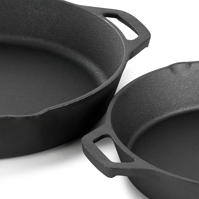 MegaChef 13 Piece Pre-Seasoned Cast Iron Skillet Set with Temperd Glass Lids and Silicone Holders