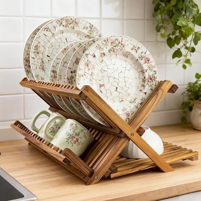 Utoplike Large Teak Dish Drying Rack, Wood Collapsible Organizer for Plates | 3 Tier Kitchen Dish Draine for Countertop, for Pasta Plates, Cups, Pots
