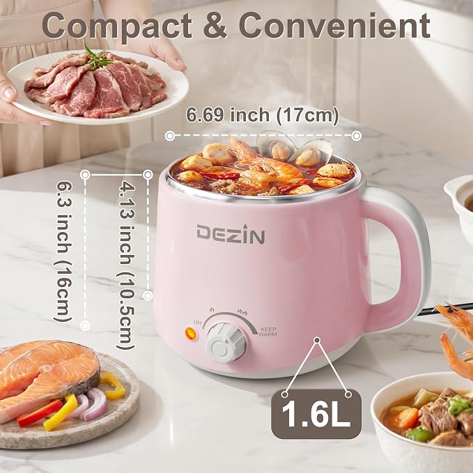 Dezin Hot Pot Electric, 1.6L Stainless Steel Ramen Cooker with Keep Warm | Rapid Noodle Cooker, Dual Temp Control, for Ramen, Egg, Pasta, Dumpling, Soup, Porridge & Oatmeal, Ideal for Dorm & Office