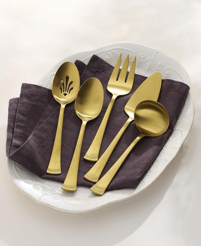 Lenox Portola Gold Satin 5-Piece Silverware Serving Set, Flatware | gold, dishwasher safe | heavy duty, cutlery set for kitchen and dining, serving utensil set, wedding silverware