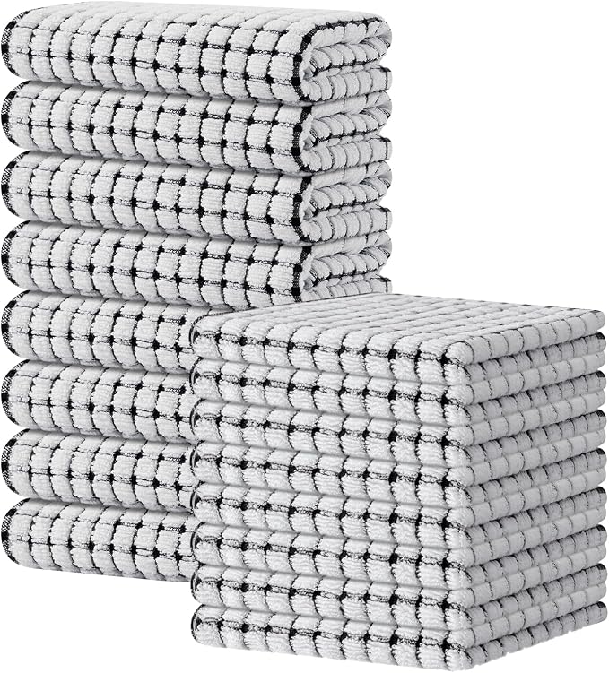 Kitinjoy Cotton 16 Pack Kitchen Towels and Dishcloths Sets, Black | 16 x 25 Inch & 12 X 12 Inch Dish Towels Bulk, Super Soft and Absorbent hand towels for kitchen Drying