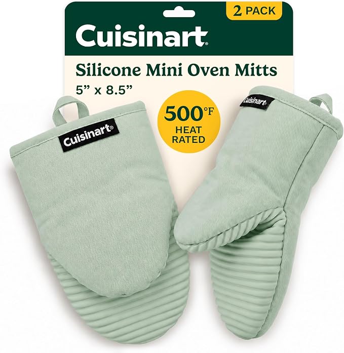 Cuisinart Mini Oven Mitts, 2-Pack 5"x8.5", Heat Resistant 500F | Compact pot holder for baking, air fryer, and cookware, silicone non-slip grip, hanging loop, fits either hand, wipes clean