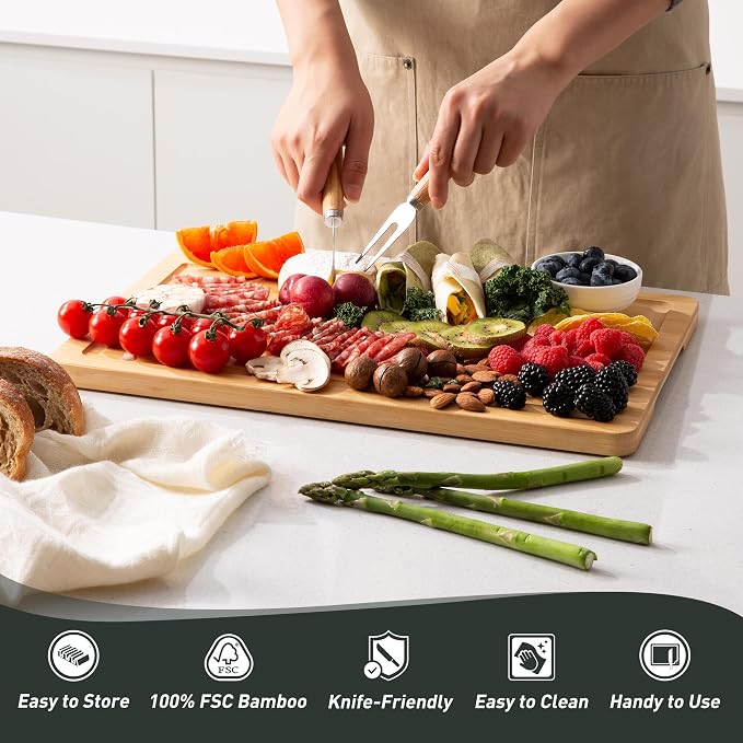 5 Packs Bamboo Cutting Board Set with Non Slip Feet Holder and Over Sink Nice Solid Thick Wood Juice Groove Chopping Board Small Big Xl XXl xlarge Oversized Kitchen Counter Organic Vegetable Meat Kit
