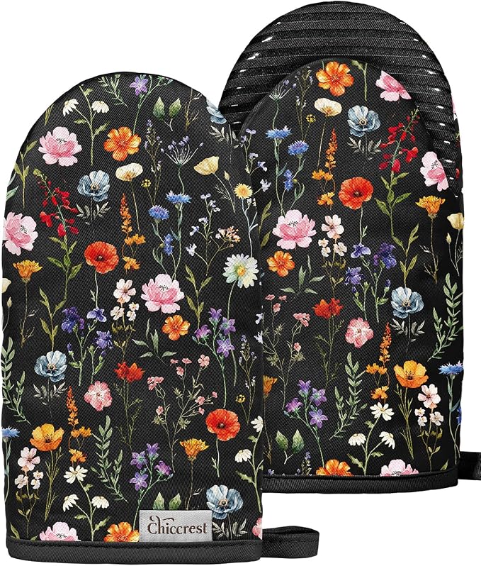 100% Thick Cotton Mini Oven Mitts Silicone Grip Colorful Floral | Elegant Classic Oven Mitts for Women, Machine Washable, Non-Slip, Reversible Design Fits Both Hands, Stylish Kitchen Decor
