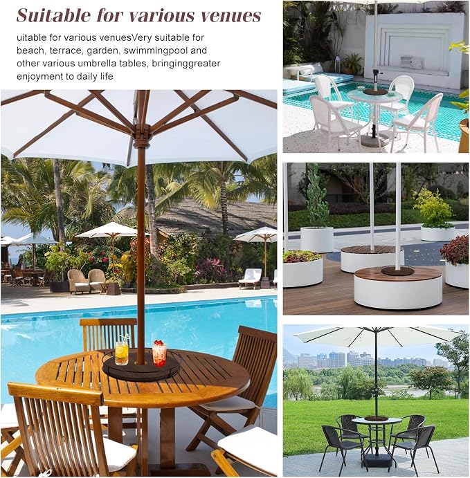 12" Lazy Susan with Umbrella Hole for Outdoor Patio Table - 360° Rotation Iron Turntable Organizer for Beach Umbrellas Patio Garden Swimming Pool (Brown)