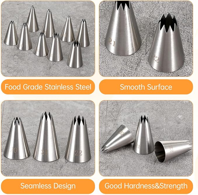 Stainless Steel Star Piping Tips Set, 9 Piece French Star Tube Frosting Nozzle Kit Open Stars Piping Tips Set Pastry Decorating Tip For Cupcakes Cookies Cakes (Small Size)