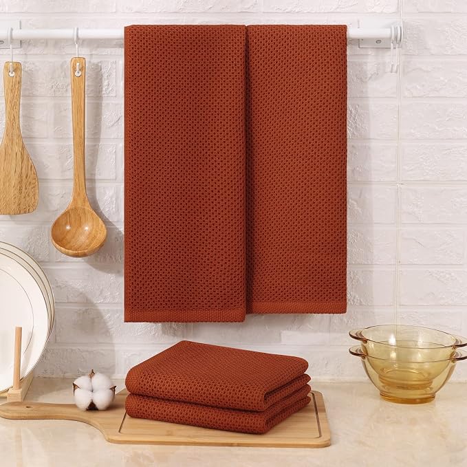 Kitinjoy 100% Cotton Waffle 4-Pack Kitchen Towels, 13" x 28", Rust | Super Soft, Ultra-Absorbent, Fast Drying, lightweight, Quick Drying Kitchen Hand Towels