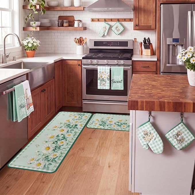 Fourluoo 10 Pcs Daisy Kitchen Decor Set Towels Rugs Oven Mitts and Pot Holders Daisy Kitchen Accessories Set for Cooking Baking Grilling Housewarming Gift