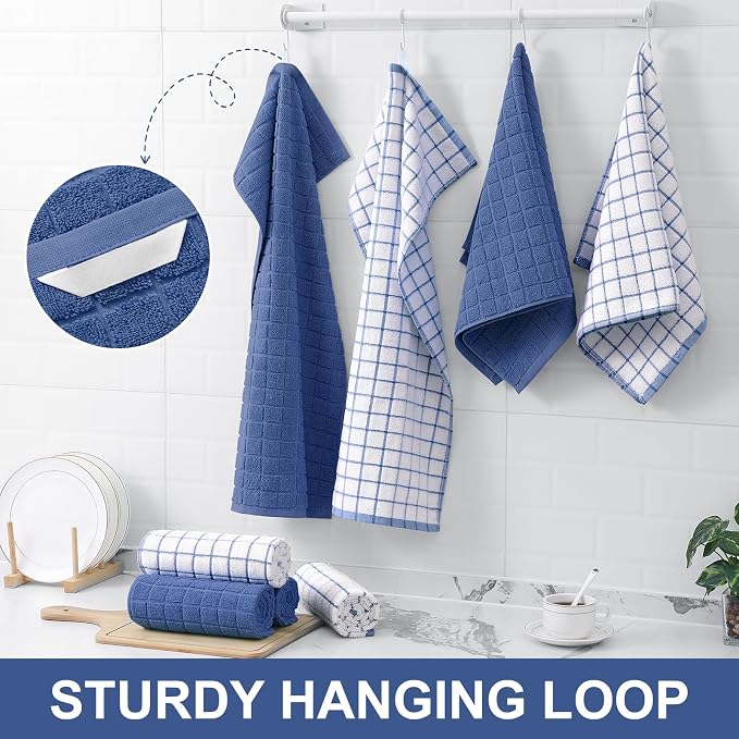Homaxy Large Premium Cotton Kitchen Towels 16"x 28", 6 Pack, Navy Blue | Natural Ring Spun 390 GSM Dish Towels, Super Absorbent Terry Kitchen Hand Towels, Soft Tea Towels with Hanging Loop