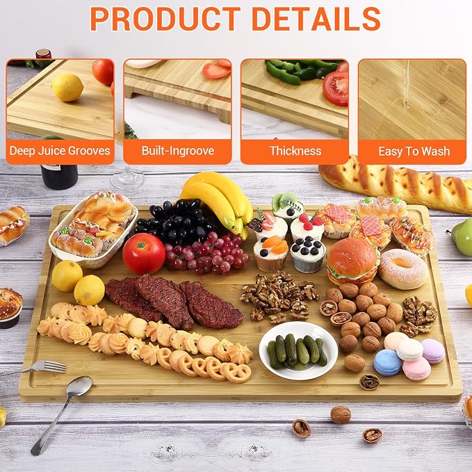 30 Inch Extra Large Bamboo Cutting Board for Kitchen, Stove Top Cover Wood Chopping Board with Handle and Juice Groove, Noodle Board, Meat Carving, and Charcuterie Board, 30 x 20 Inch