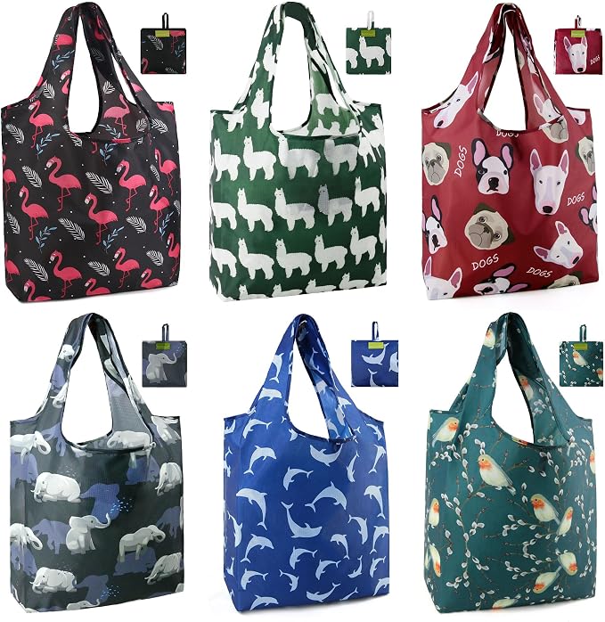 BeeGreen Animal Reusable Shopping Bags Cute Grocery Bag 6 Pack, Christmas Gift Bags Heavy-Duty Foldable Shopping Totes for Supermarket, Work & Travel, Large Washable Polyester Tote Bag with Handles