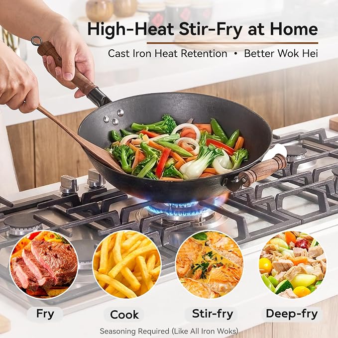 WANGYUANJI Cast Iron Wok Pan with Lid, 14.2 Inch Large Flat Bottom Uncoated Stir Fry Skillet, Heavy Duty Chinese Iron Pot for 4-6 People, Detachable Walnut Handle, Induction & Gas Safe