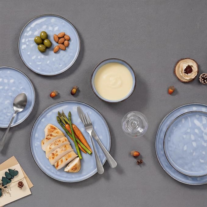 E-far Stoneware Dinnerware Set, 16-Piece Plates and Bowls Sets for 4 | Modern Dishes for Kitchen Dining, Reactive Glazing Ripple Design, Chip Resistant, Microwave & Dishwasher Safe, Reactive Blue
