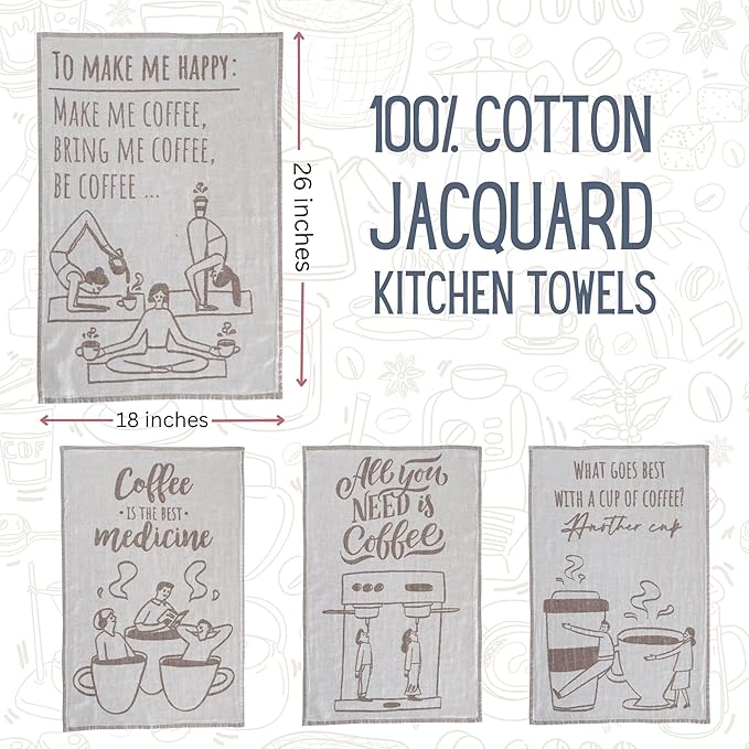 Coffee Themed Funny Dish Towels for Kitchen Drying, 100% Cotton Kitchen Tea Towel Set of 4, Housewarming Birthday Gift for Coffee Lovers (Coffee Lovers)