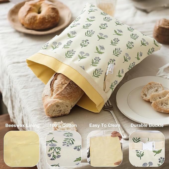 Reusable Beeswax Bread Bags for Homemade Bread & Sourdough, 2-Pack XL Airtight Food Storage Bags, Organic Cotton Linen Covers - Freezer-Friendly Freshness Preservation Keeps Fresh Longer