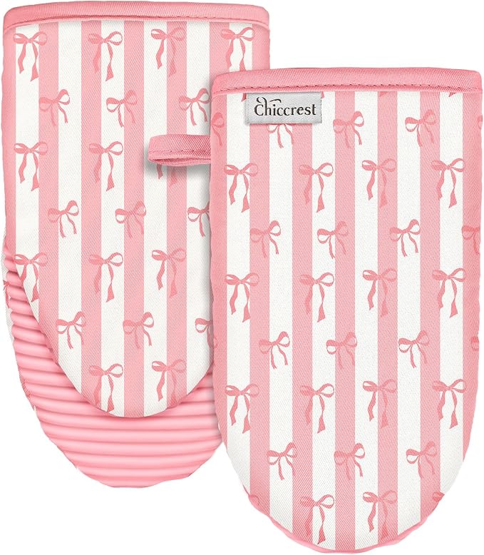 100% Thick Cotton Oven Mitts Ribbed Soft Silicone Cute Pink Bow | Aesthetic Oven Mitts for Women, Machine Washable Non-Slip Kitchen Mitts, Reversible for Both Hands, Stylish Kitchen Decor
