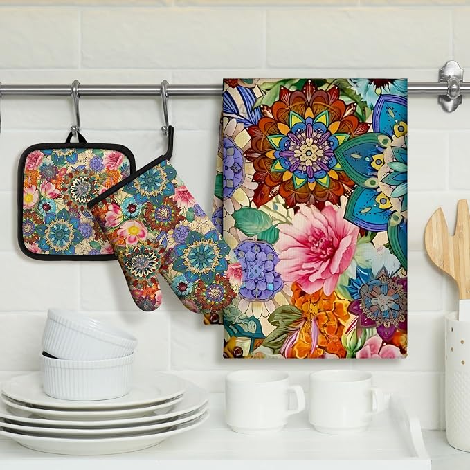 Jingmore 6 Pcs Kitchen Decor Set Accessory Farmhouse Kitchen Towels Pot Holders Oven Mitts Set 2 Dish Towels 2 Pot Holders 2 Cooking Mittens Oven Glove for Cooking(Colorful,Boho Floral)