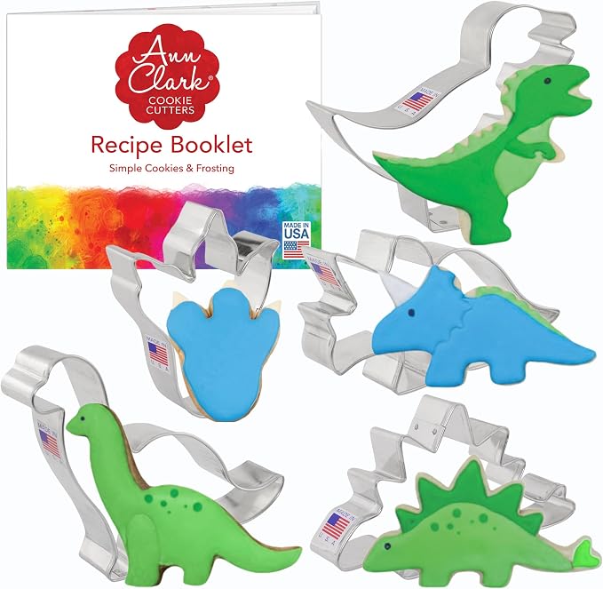 Ann Clark Dinosaur Cookie Cutter Set of 5, Made in USA | Includes: T-Rex, Brontosaurus, Triceratops, Stegosaurus & Dinosaur Footprint, From America's Largest Cookie Cutter Maker