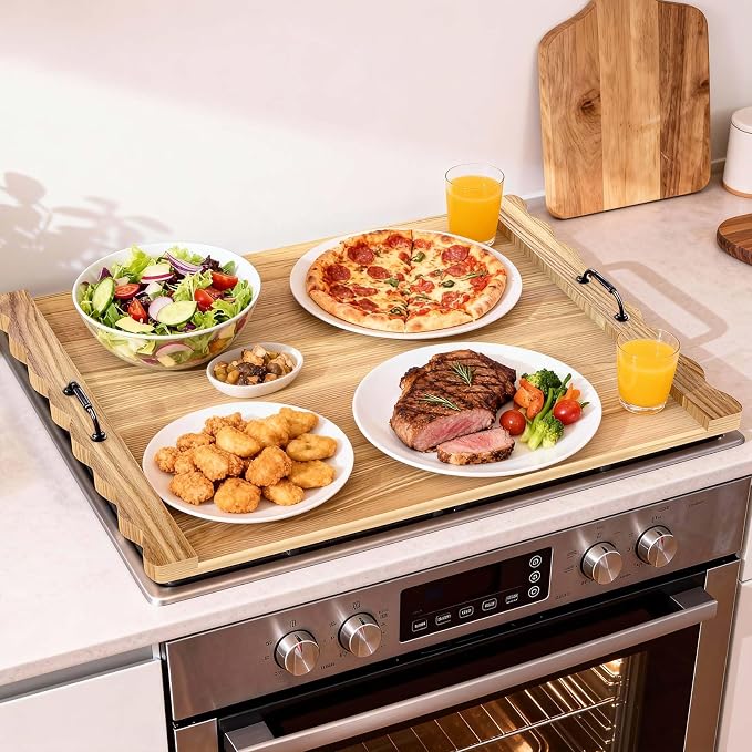 Latest wave-patterned wooden stove top cover, stylish pine panel stove top cover,suitable for gas stoves with 4 and 5 burners, food tray, kitchen stove tray. (Light wood color)