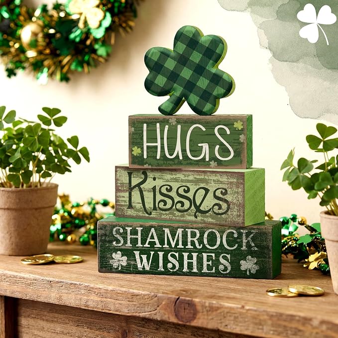 Lineshading 4 Pcs Shamrock Wooden Block Signs for Tiered Tray Home Decor | Rustic Farmhouse Table Ornaments, Buffalo Plaid Clover Topper, Stacked Signs Hugs Kisses Shamrock Wishes, St Patrick Decor