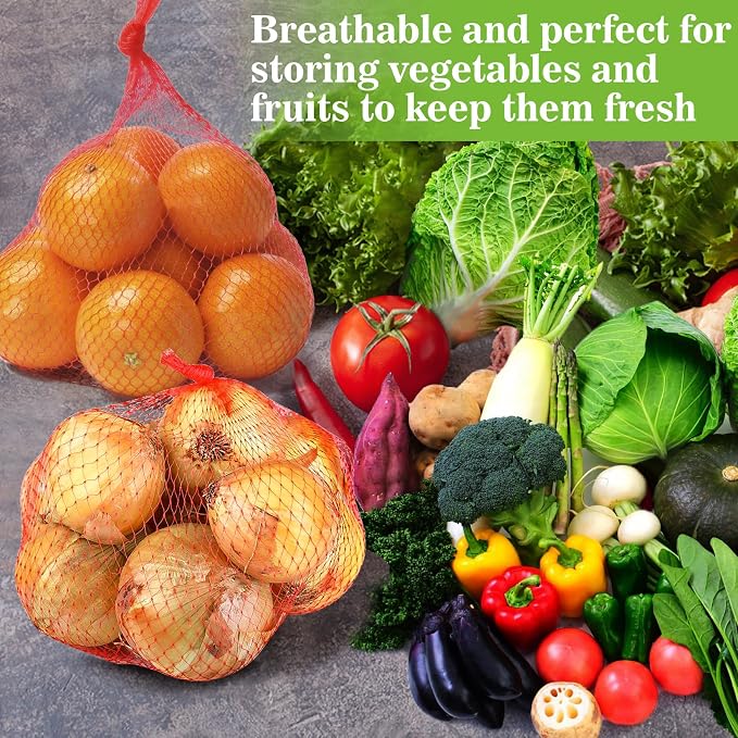 Sukh 90PCS Mesh Produce Bags - 24Inch Vegetable Storage Net Bags Red | Mesh Vegetable Bags for Onion, Fruits, Seafood, and Other Agricultural Products Storage, Garden Harvest Produce Bags