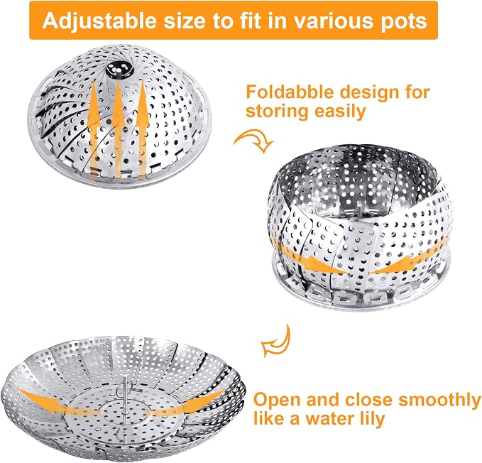 Large Veggie Vegetable Steamer Basket, Folding Steaming Basket, Collapsible Metal Stainless Steel Steamer Basket Insert, for Cooking Food, Expandable Fit Various Size Pot(7.1" to 11.8") YLYL