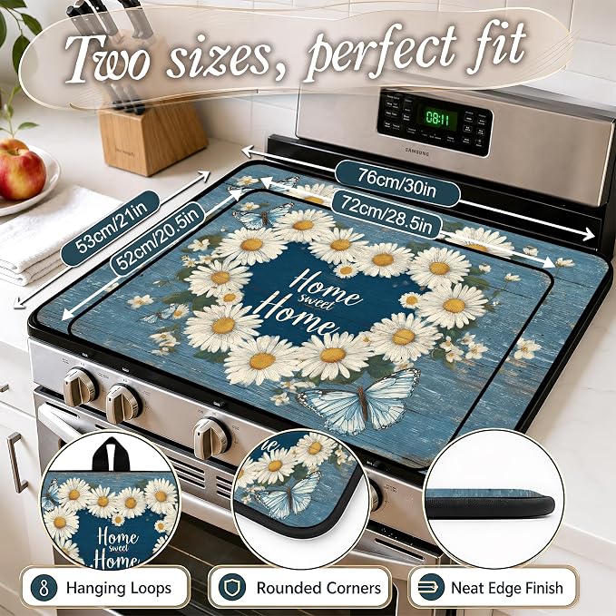 Stove Top Covers with A Non-slip Rubber Coating—protect Your Stove from Scratches, Extend Countertop Space, and Add A Classic Kitchen Touch. (Daisy wreath, 28"L x 20"W)