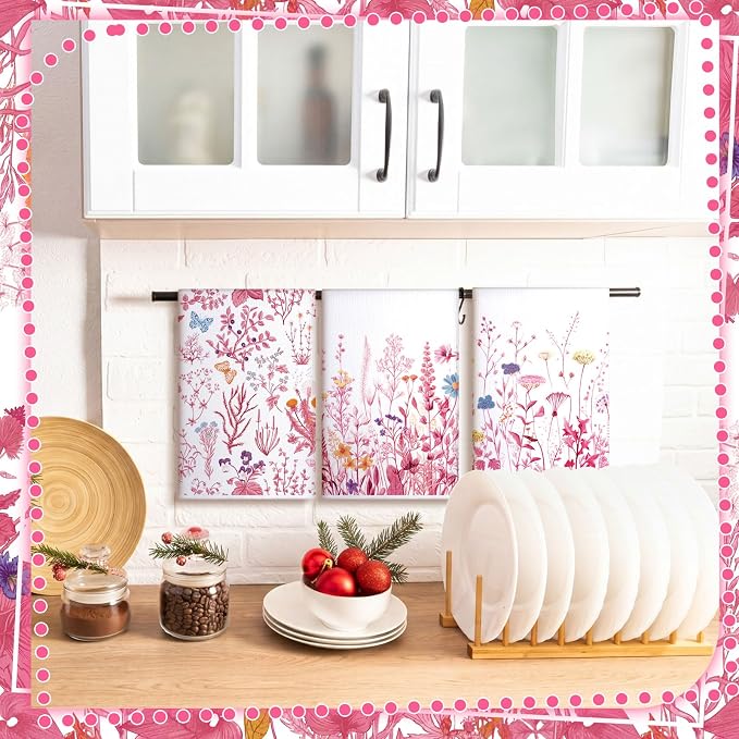 4 Pcs Wildflower Kitchen Towels, Pink and White Hand Dish Cloths | Fast Drying Absorbent Decorative Floral Daisy Wildflower Tea Towels, Housewarming Gift for Kitchen Cooking Baking Bathroom
