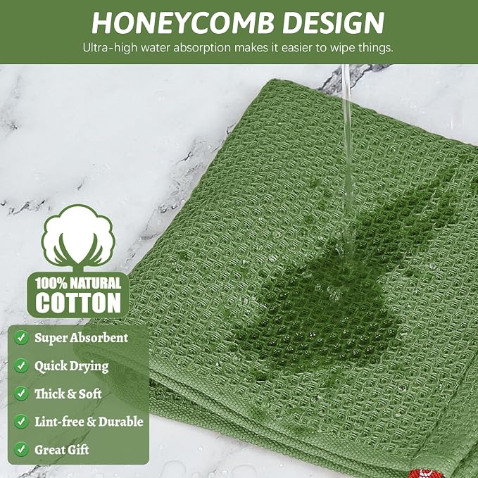 Nialnant 100% Cotton Dish Cloths for Washing Dishes, 4 Pack Waffle Weave Dish Towels,Super Soft Absorbent Cleaning Rags-Green,12x12 Inch