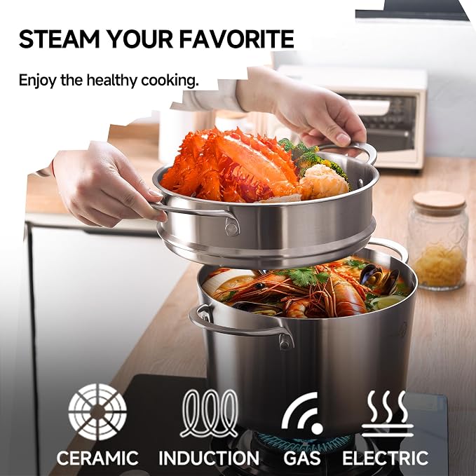 LOLYKITCH 5-Quart Tri-Ply Stainless Steel Steamer Pot with Glass Lid | Steaming Pot for Cooking | 2 Tier Induction Steamer Pot for Tamales Seafood Vegetables Dumplings | Stock Pot | Thick