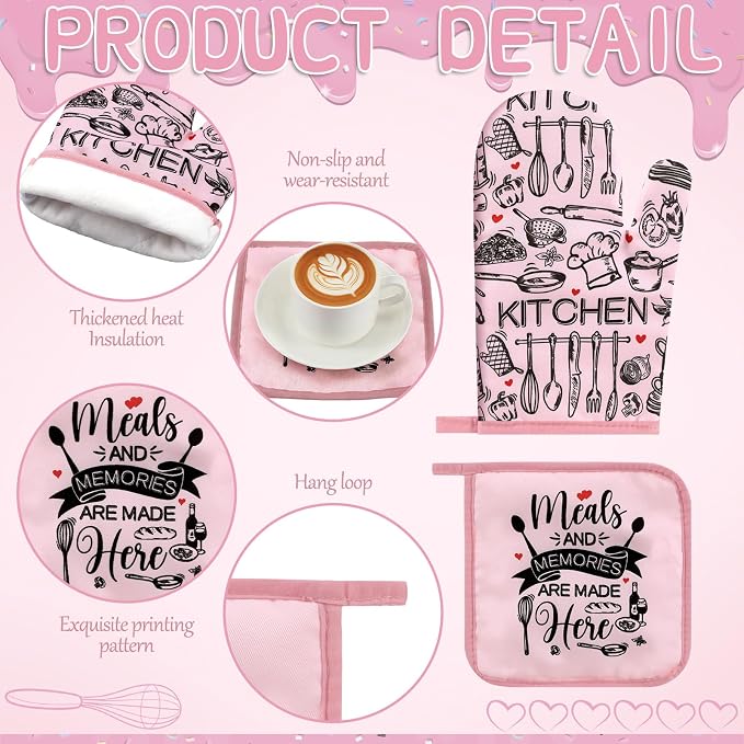 Fourluoo 10 Pcs Pink Kitchen Decor Oven Mitts and Pot Holders Sets Pink Dish Towels Vintage Kitchen Rugs and Mats for Home Wedding Farmhouse Decorations Baking Cooking Birthday Gifts Accessories