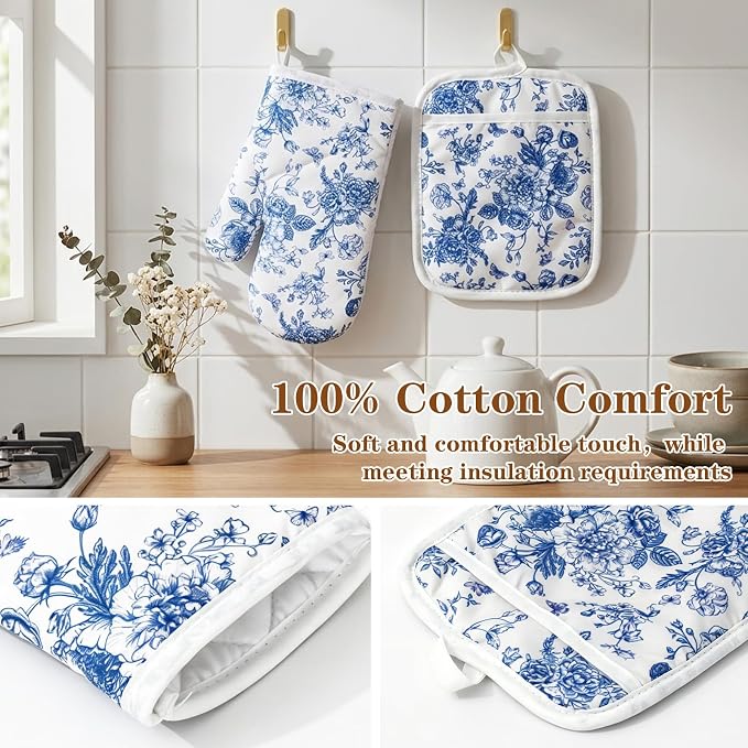 AnyDesign 4Pcs Blue Chinoiserie Floral Oven Mitts and Pot Holders Set | Heat Resistant Non-Slip Potholders Porcelain Flower Kitchen Oven Gloves with Hot Pads for Cooking Baking