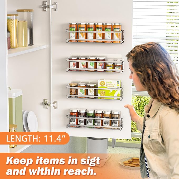 Bunoxea Spice Rack Wall Mounted 4 Pack, Chrome,For Spice Jars & Seasonings | 4 Removalble Hooks,Screw or Adhesive Hanging, Space-Saving,For Kitchen Cabinet, Pantry Door,Stove,RV Use,11.41x2.75x2.75in