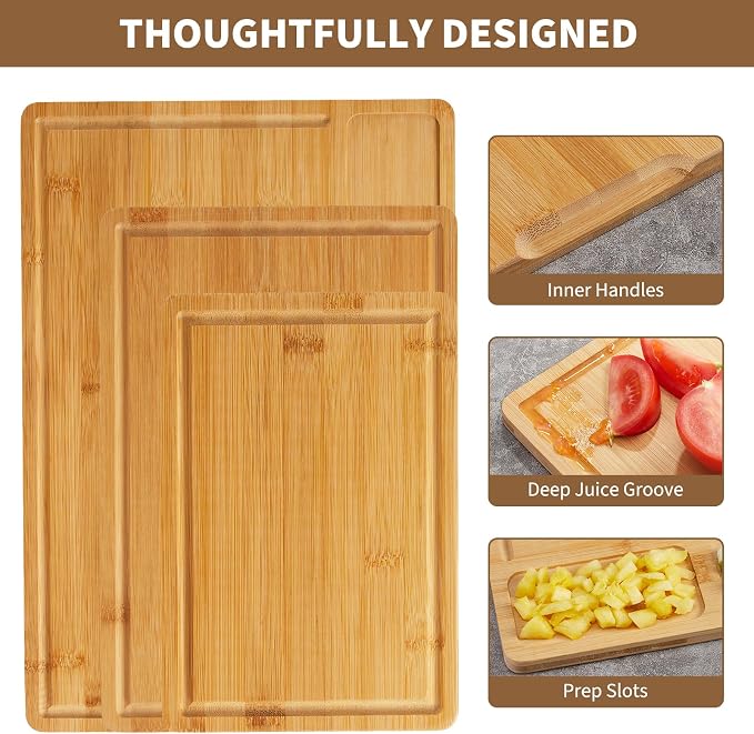 GarveeHome Bamboo Wood Cutting Boards Set of 3 with Compartments – Chopping Boards for Kitchen with Inner Handles and Juice Grooves, Ideal Serving Tray and Butcher Block for Meat, Vegetables