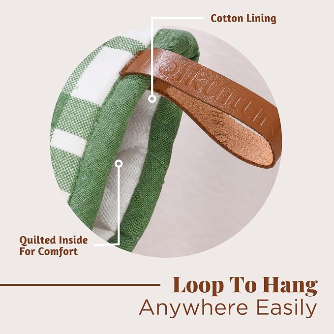 Folkulture Oven Mitts, Green Checkered, Set of 2,Heat Resistant -(5.75"x9") | 100% Cotton, Non Slip, Silicone, Cute Mini Mits with Hanging Loop, Kitchen Décor, Cooking Gifts, New Home Essentials