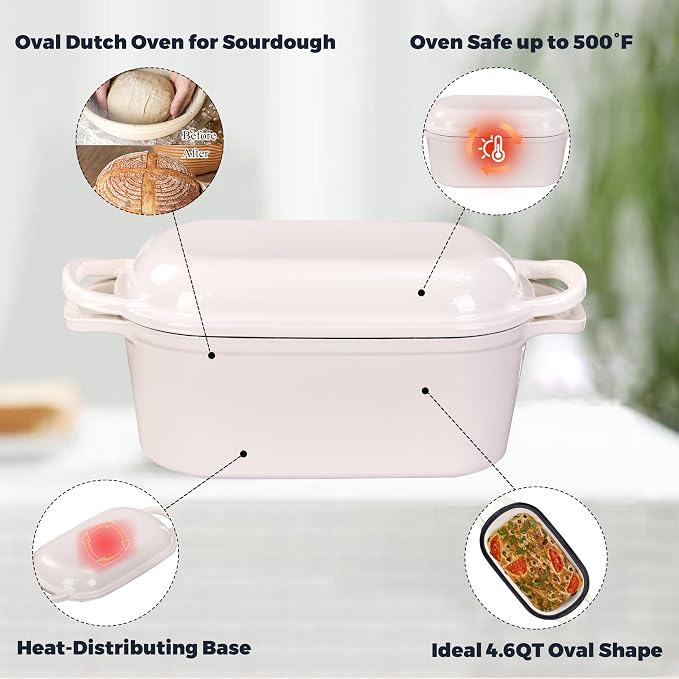 4.6 Quart Dutch Oven for Sourdough Bread Baking | Oval Bread Dutch Oven with Lid, Cast Iron Bread Pan for Crispy Crust, Steam Baking Design for Artisan Homemade Loaves, White