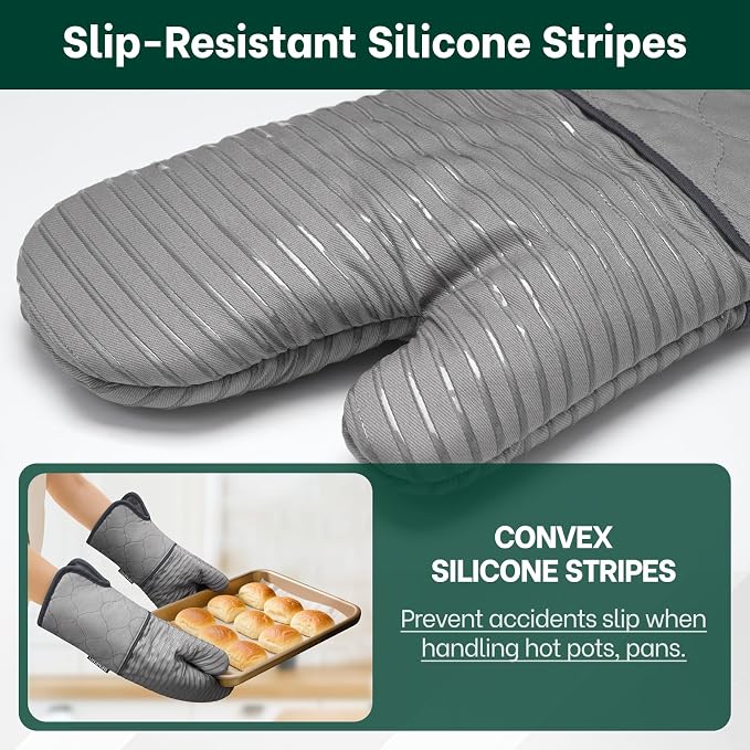 Beneno Heat Resistant 500°F Kitchen Oven Mitts 2-Pack, 7.5"x14.3", Gray | Textured Non-Slip Silicone Grip, Extra Long Forearm Protection, Soft Quilted Cotton Terry Lining, Ideal for Baking & Grilling
