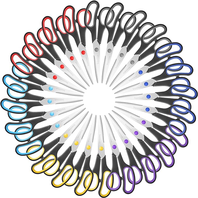 24 Pack 8” Scissors, Sharp Stainless Steel Comfort Grip for Everyday Use | Right/Left Hand, All Purpose Scissor for Office Home School Craft Sewing Fabric Supplies, High/Middle School Student Teacher