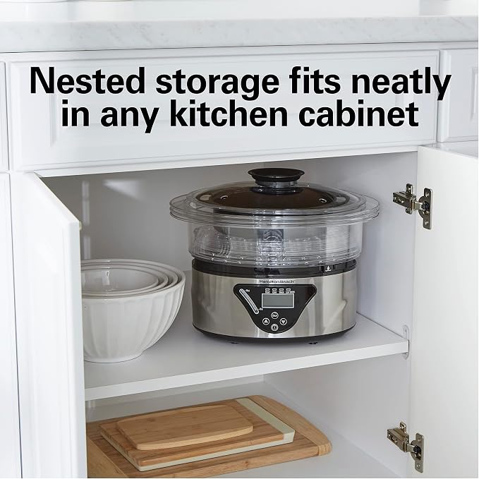 Hamilton Beach Digital Electric Food Steamer, Rice Cooker & Egg Boiler | For Quick Healthy Cooking | 8.25 Qt. Stackable Three-Tier Bowls For Vegetables and Seafood | Auto Shutoff | Black & Stainless