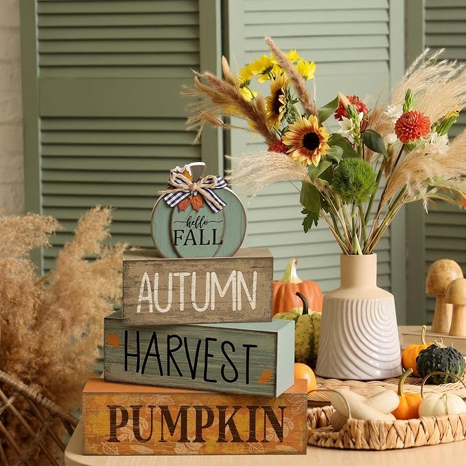 Lineshading 4 Pcs Fall Wood Block Signs Pumpkin Harvest Tiered Tray Decor | Stackable Rustic Blocks with Pumpkin Topper, Autumn Harvest Prints, Farmhouse Tabletop Centerpiece for Seasonal Decor