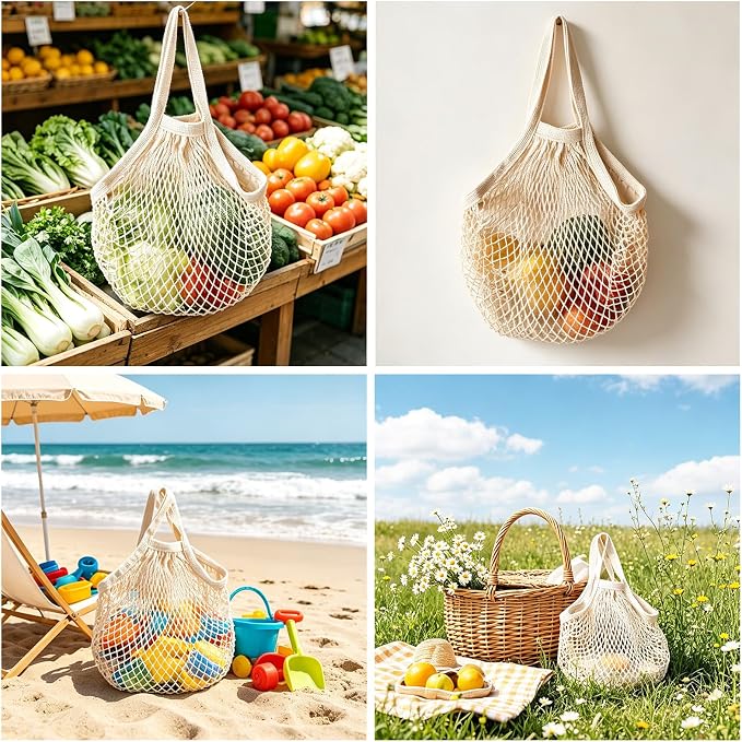 Ahyuan Reusable Cotton Mesh Grocery Bags Cotton String Bag Net Shopping Mesh Bags Pack of 3 (Beige)