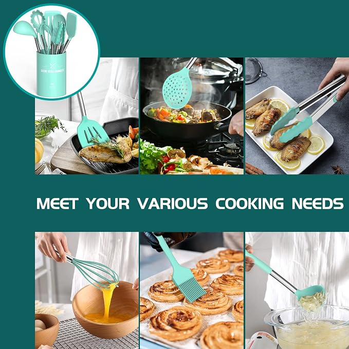 Silicone Cooking Utensil Set, Umite Chef 15pcs Silicone Cooking Kitchen Utensils Set, Non-stick - Best Kitchen Cookware with Stainless Steel Handle - Green