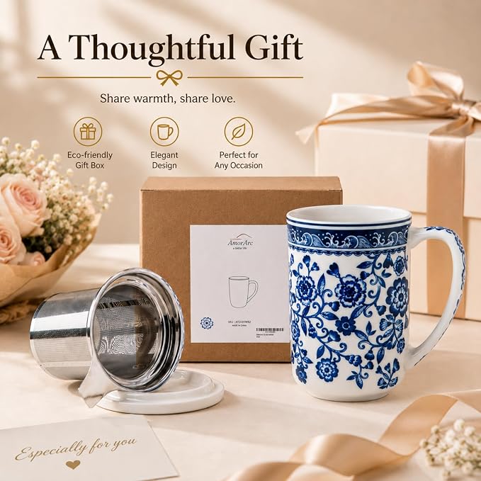 AmorArc Tea Cup With Infuser and Lid, 18oz Loose Leaf Tea Mug With Steeper | Porcelain Tea Mug With Infuser and Lid, Large Strainer Tea Cup with Lid for Tea, Coffee Mug for House-warming Birthday Gift