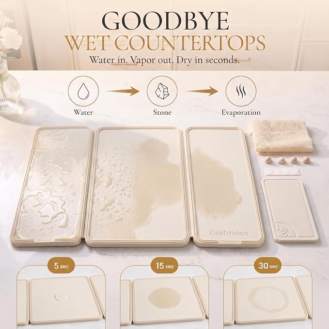 Large Stone Drying Mat for Kitchen Counter, Diatomaceous Earth Foldable Dish Drying Mat, Diatomite & Silicone Fast Water Absorbing Dry Pad, Thick Folding Drainer Mats for Dishes & Countertops